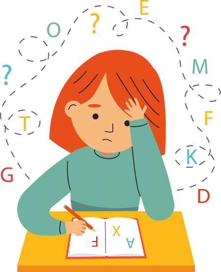 dziewczynka z literkami nad główą, ze smutną miną