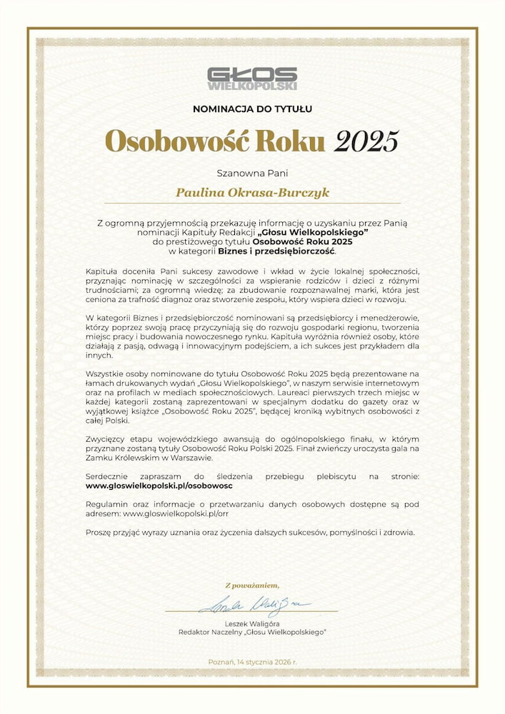 Paulina Okrasa-Burczyk nominowana do nagrody Osobowość Roku 2025 w Plebiscycie Głos Wielkopolski